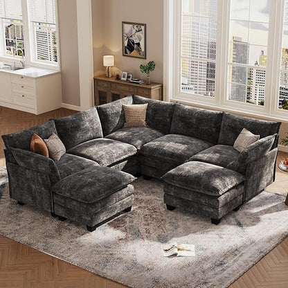KKL 120" Modular Sectional Sofa, Large V Shape 7 Seater Convertible J/L/U-Shaped Modern Sectional Couch with Ottoman, Chenille Sectional Couches for Living Room, Apartment, Grey