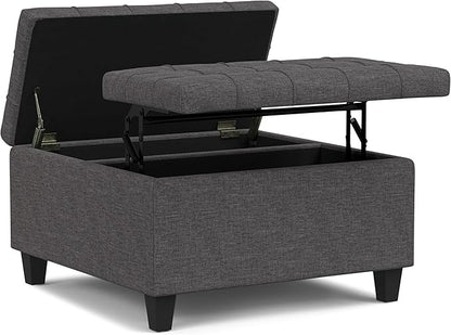SIMPLIHOME Harrison 30 inch Wide Transitional Square Small Coffee Table Storage Ottoman in Slate Grey , Assembled, For the Living Room and Bedroom