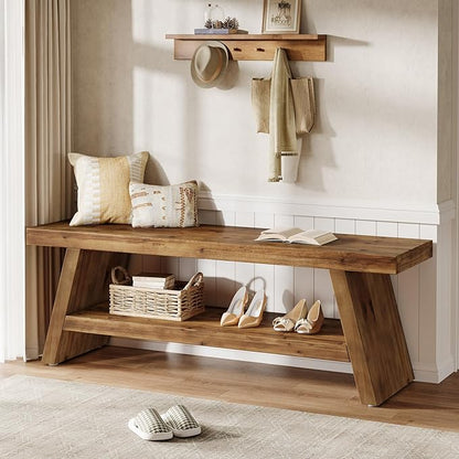 2-Tier Entryway Bench, Hallway Foyer Solid Wood Seating with Open Shelves, Wooden Shoe Bench Indoor for Entryway, Living Room, Bedroom (Rustic Brown)