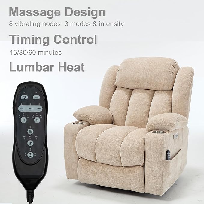 Power Lift Recliner Chair, 350lb Capacity with 8-Point Massage & Heating, USB/Type-C Ports & Cup Holders, Heavy Duty Chenille Recliner for Elderly, Beige
