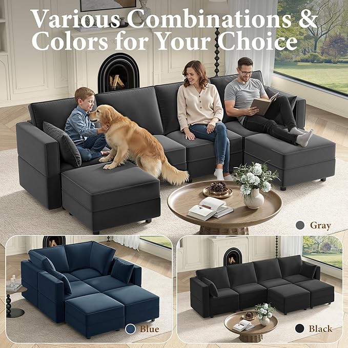 Vesgantti Sectional Couches with Storage Seats, 118" L Shaped Convertible Modular Sectional Sofa, 4 Seat & 2 Ottomans Velvet Storage Chaises Deep Seat Couch for Living Room, Bedroom, Apartment, Gray