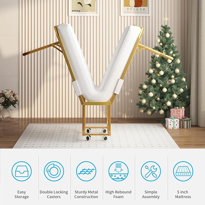 Mjkone Folding Bed with 4" Memory Foam Mattress for Guests – Single Rollaway Bed, Space-Saving Portable Design, Lockable Wheels & Easy Assembly, 75" x 46" Foldable Guest Bed Frame (Gold)
