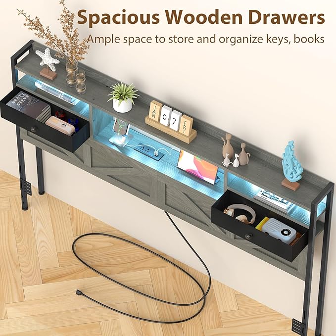 King Size Headboard with Drawers, Outlets & USB Ports,Sturdy Wood Bed Frame with Adjustable Height, Built-in LED Lighting (Grey, King 75.2 * 7.08 * 45.7)