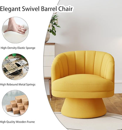 Swivel Accent Chair,Upholstered Velvet 360° Swivel Barrel Chair for Living Room Overstuffed Bouncle Reading Chair Round Armchair for Bedroom,Vanity,Office (Mustard)