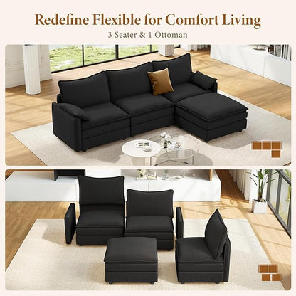 Vesgantti 108" Modular Sectional Sofa, Comfy Cloud Couch with Movable Ottoman Deep Seat Chenille L Shaped Modular Sofa, Sectional Couches for Living Room, Bedroom and Apartment, Black