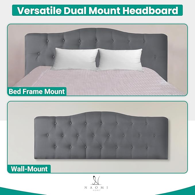 Naomi Home Cassandra Full Size Bed Headboard, Square Tufted, White Linen Fabric, Height Adjustable 42"-52", Metal Legs, Wall/Bed Mount