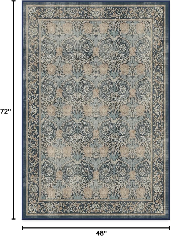 RUGGABLE x Morris & Co Washable Area Rug– Honeysuckle & Tulip Blue 4x6, Stain-Resistant, Non-Slip – Medium Machine Washable Rugs for Living Room, Bedroom, Hallway, Entryway & Office–with Standard Pad