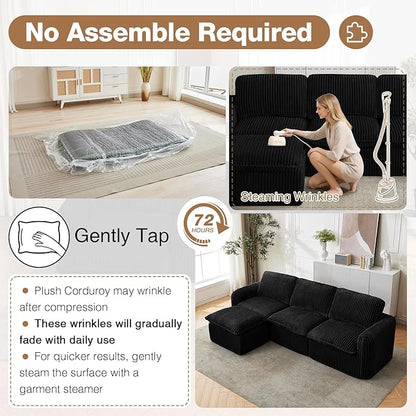 110'' Boneless Modular Sectional Couches for Living Room, Comfy Cloud Couch Sectional Sofas with Ottoman, Convertible L Shaped Couches for Apartment, Dorm, No Assembly Required, Black Corduroy