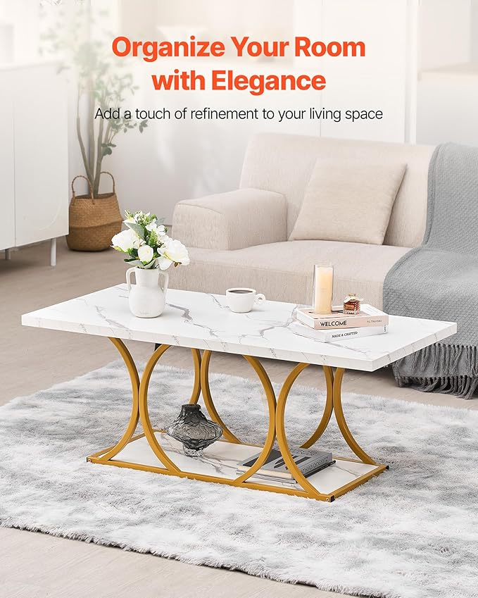 VEVOR Coffee Table, Modern Faux Marble Coffee Table, Large 2-Tier Rectangle Center Desk with Geometric Legs, Minimalist Sturdy Metal Frame Accent End Desk for Living Room, Office, Easy Assembly, White
