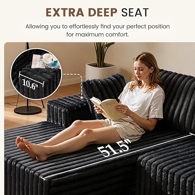 Apicizon 113" Modular Sectional Couch for Living Room, L Shaped Sectional Sofa Couch with Deep Seat, Boneless Sleeper Sofa with Chaise Longue for Apartment，No Assembly Required (Plush Corduroy Black)