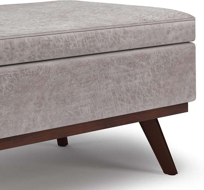 SIMPLIHOME Owen 42 inch Wide Mid Century Modern Rectangle Lift Top Large Coffee Table Storage Ottoman in Distressed Grey Vegan Faux Leather, Assembled, for the Living Room, Entryway and Family Room