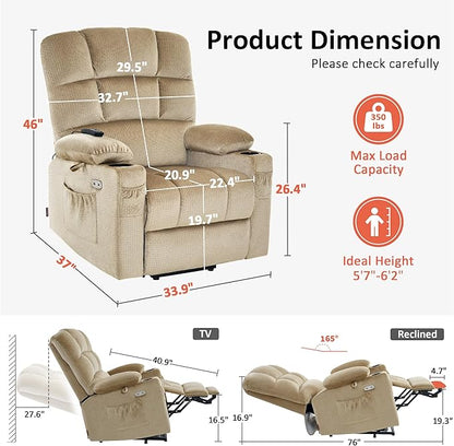 MCombo Large Dual Motor Power Lift Recliner Chair for Elderly, Massage and Heat, Lay Flat, Zero Gravity, Home Button, USB Port, Fabric 7680 (Large, Beige)