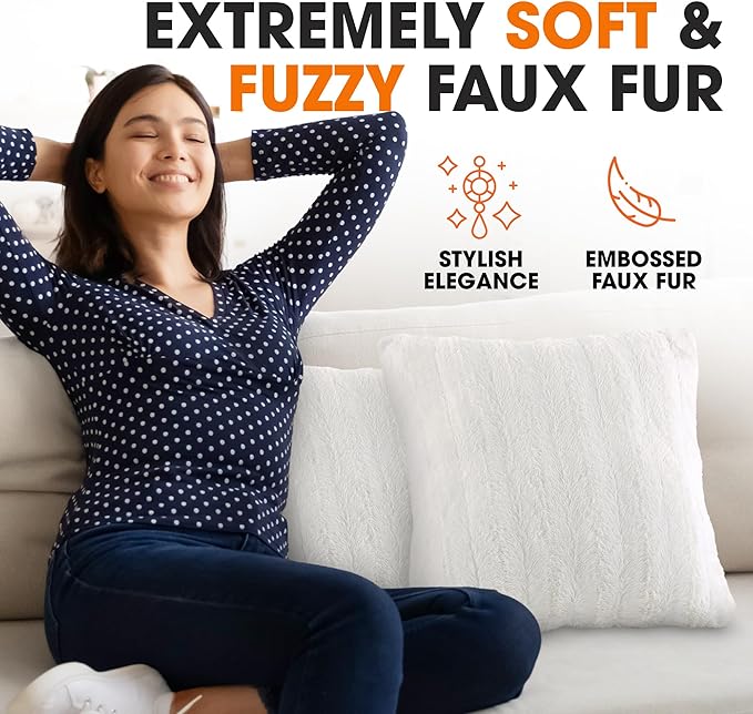Cheer Collection Faux Fur Throw Pillows - Decorative Pillows for Couch, Bed Throw Pillows, White Accent Pillows for Bedroom or Living Room Aesthetic, Set of 2 Furry Throw Pillows, 16" x 16"