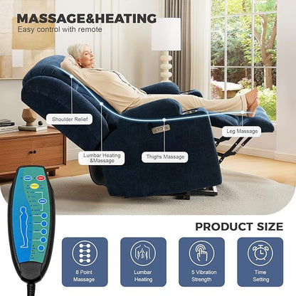 HUSFU Oversized Power Lift Recliner Chairs for Elderly with Massage and Heat, Wide Recliners Chair,Upgraded Chenille Lift Chairs w/Cup Holders, USB & Type-C Ports,Blue,1PC