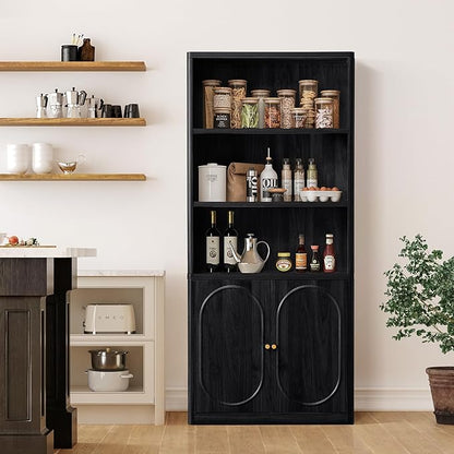 70.8" Tall Fluted Bookshelf with Storage Cabinet, Modern 5-Tier Wood Bookcase with Open Display Storage Shelf, Gold Handles for Office Living Room (Black)