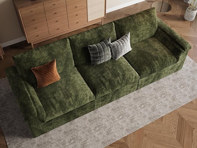 EASE MOOSE Oversized Boneless Couch for Living Room, Sectional Cloud Sofa, Modular Cloud Couch, 3-Seater Deep Seat Sofas with Pillow for Bedroom, Apartment, No Assembly Required, Chenille (Green)