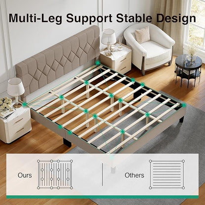 Novilla King Size Bed Frame, King Bed Frame and Headboard, Linen Upholstered Pull-Point Bed Frames, No Box Spring Needed, Heavy Duty Feet, Easy Assembly, Beige