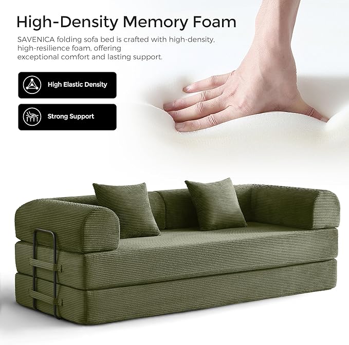 79" Convertible Sofa Bed with Fixed-Shape Frame & Removable Armrests, Modular Corduroy Sleeper Sofa, Folding Mattress Couch for Small Spaces - No Assembly Needed in Light Green (Includes 2 Pillows)