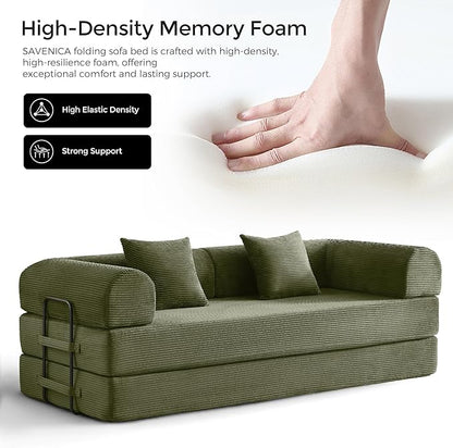 79" Convertible Sofa Bed with Fixed-Shape Frame & Removable Armrests, Modular Corduroy Sleeper Sofa, Folding Mattress Couch for Small Spaces - No Assembly Needed in Light Green (Includes 2 Pillows)