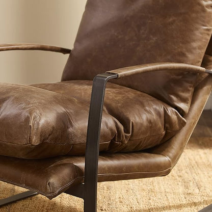 Art Leon Genuine Leather Accent Chair, Mid Century Modern Living Room Chair Lounge Chair with Black Metal Frame, Brown