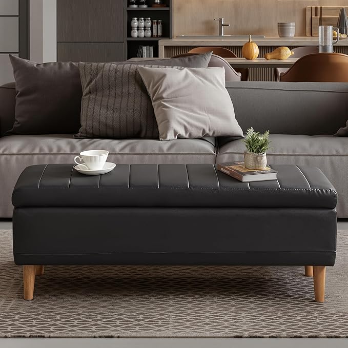 VECELO 44.5" Ottoman with Storage, Storage Ottoman Bench with 2 Gas Spring Lid Supports, PU Leather Upholstery, Solid Wood Legs, Black Shoe Bench for Bedroom, Living Room, Entryway