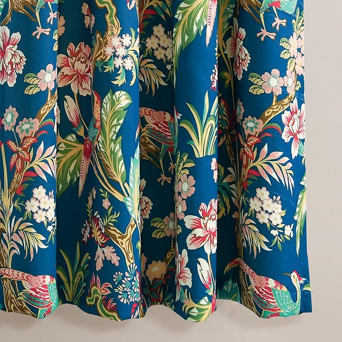 Lush Decor Dolores Light Filtering Window Panels, Pair, 52" W x 63" L, Navy & Multi - Toile Curtains - Floral Bird Print - Grandmillennial & French Country Curtains - Cottage & Maximalist Home Decor