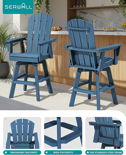 SERWALL 5-Piece Swivel Adirondack Bar Set, HDPE Swivel Bar Height Chairs Set of 4 with Bar Table, All-Weather Outdoor Barstools for Patio, Poolside, Garden, Blue