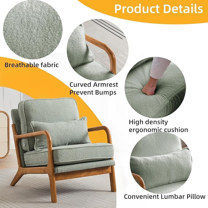 Mid-Century Accent Chair Set of 2,Sherpa Fabric Lounge Chair with Wide Armrest,Sherpa Fabric Armchair with Lumbar Pillow & Solid Wood Frame for Living Room, Bedroom, Balcony (Green)