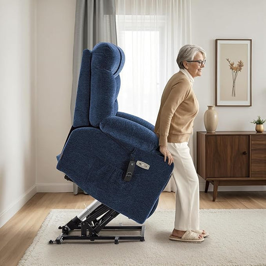 MCombo Power Lift Recliner Chair with Extended Footrest for Elderly People, Fabric 7281 (Navy Blue, Small)