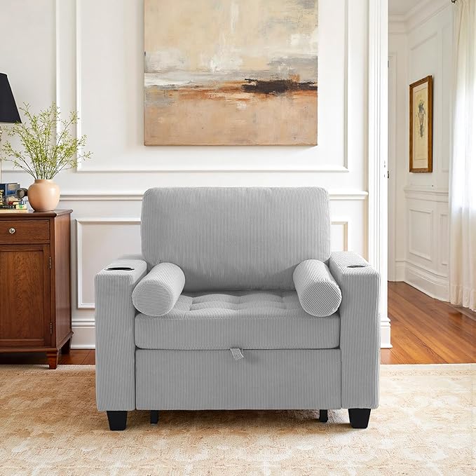Convertible Sleeper Chair Bed, Comfy Corduroy Single Futon Sofa Chair with Pull Out Bed, 3-Levels Adjustable Backrest Accent Chair with Side Pockets, Cup Holder & USB Ports for Living Room, Bedroom