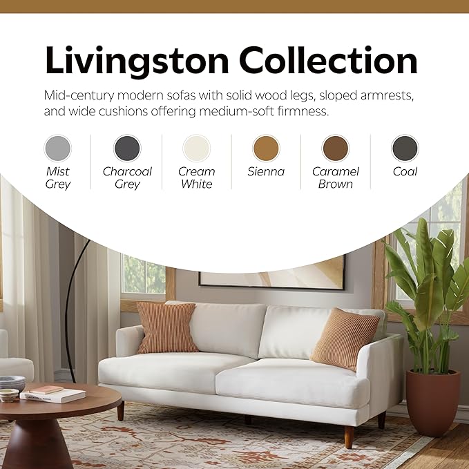 SIMPLIHOME Livingston 76-inch Wide Sofa in Cream White Woven-Blend Fabric, Handcrafted Loveseat Couch for Living Room or Family Room, Mid-Century Modern Style, Solid Wood Frame