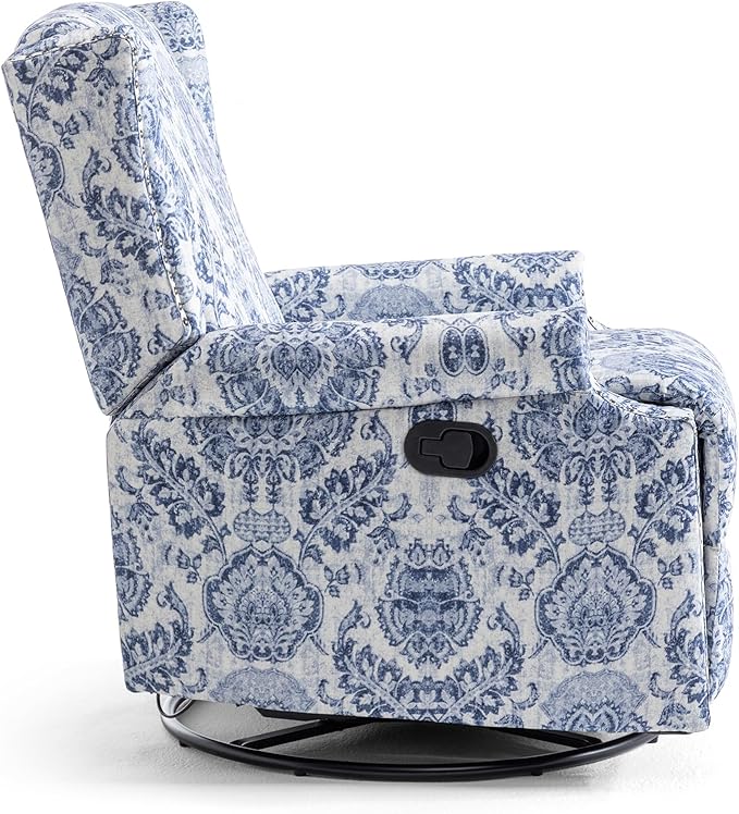 UIXE Swivel Rocker Manual Recliner Chair, Wingback Swivel Glider Fabric Nursery Reclining Sofa Chair, High Back Upholstered Arm Chair for Living Room Bedroom - Navy Floral