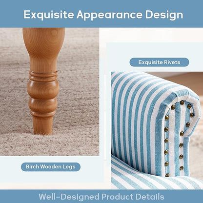 HUIMO Linen Fabric Accent Chair, Mid-Century Modern Armchair with Solid Wood Legs, Single Sofa Chair,Upholstered Reading Club Chair (1, Blue and White Stripe)