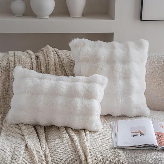 Neelvin Cream White Faux Fur Cozy Soft Double-Sided Decorative Throw Pillow Covers 12x20 inch Set of 2,Velvet Pillowcase Cushion Case for Sofa Couch