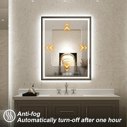 LED Bathroom Mirror, 20x28 Inch Frontlit & Backlit Black Framed Lighted Mirror,Wall Mouted Vanity with Lights,Double Lights Strips,Anti Fog Stepless 3 Colors Temperature & Dimmable