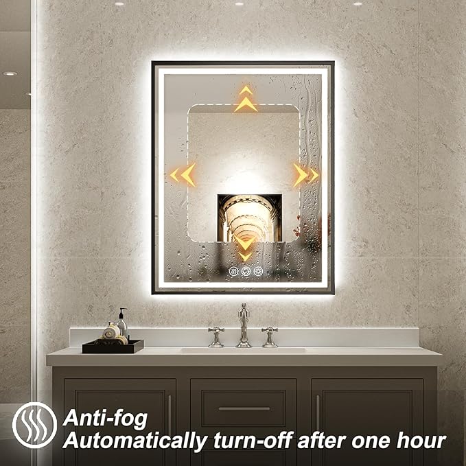 28X36 Inch Framed LED Lighted Bathroom Mirror,Backlit and Front Wall Mounted Black Metal Vanity Mirrors with Lights,Double LED Dimmable Illuminated & 3 Colors Temperature Anti-Fog Mirror