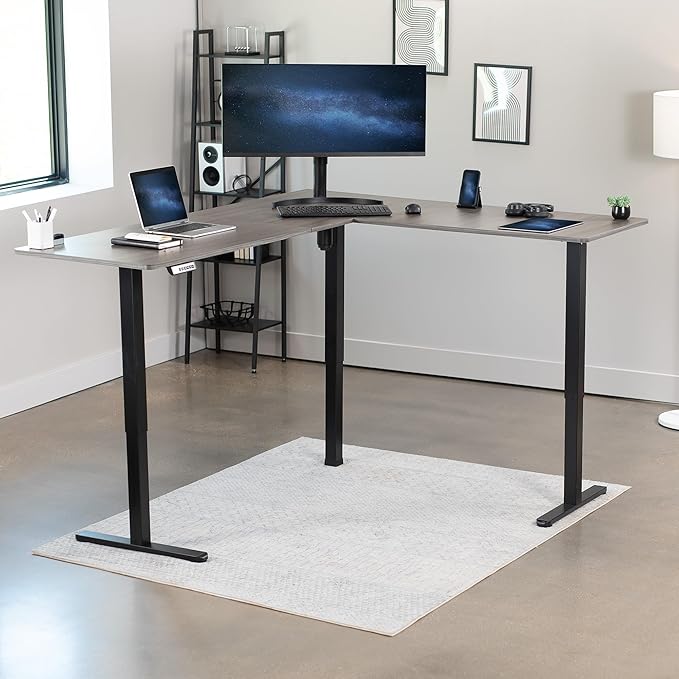 VIVO Corner Standing Desk, 75 x 63 inch Reversible L-Shaped Workstation, Electric Height Adjustment, Home, Office, and Reception Rooms, Dark Gray Table Top Black Frame, DESK-E3CTG-75