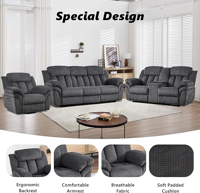 CANMOV Recliner Sofa Set, Oversize Power Lift Recliner Chair, Manual Loveseat and 3-Seat Sofa with Overstuffed Armrest for Living Room,Bedroom Furniture,Office,1+2+3 Seat Grey