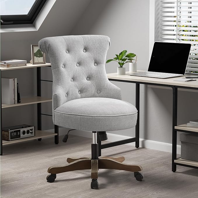 HUIMO Home Office Chair Upholstered Armless Desk Chair with Wheels Adjustable Height Computer Desk Chair with Wooden Legs Linen Comfortable Swivel Chairs for Home Office Study Studio (Light Grey)