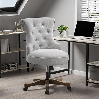 HUIMO Home Office Chair Upholstered Armless Desk Chair with Wheels Adjustable Height Computer Desk Chair with Wooden Legs Linen Comfortable Swivel Chairs for Home Office Study Studio (Light Grey)