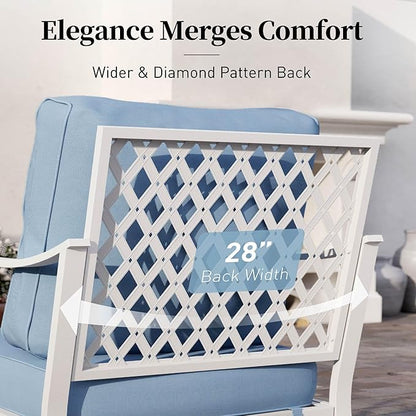 6 Piece Metal Outdoor Patio Furniture Set, Patio Conversation Sets 3-Seater Sofa, 2 Fixed Chair, 2 Swivel Chair with 5.75" Thick Cushion & Coffee Table White Backyard Furniture, Blue