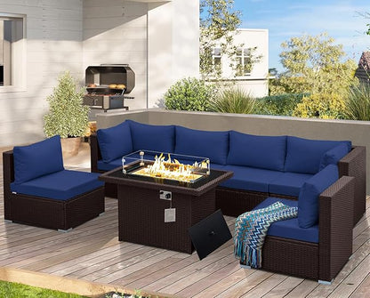 NICESOUL 7 Piece Large Size Patio Sectional Furniture Set with Firepit Propane/Natural Gas, 29.3'' High Back Outdoor Sofa Conversation Couch, Tall Wide Deep Sitting, Brown Rattan and Navy Cushion