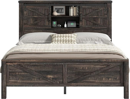 AMERLIFE Farmhouse Queen Bed Frame, Rustic Wood Platform Beds w/Barn Door Storage Bookcase Headboard & Charging Station, Bedroom Furniture, No Box Spring Needed, Dark Oak