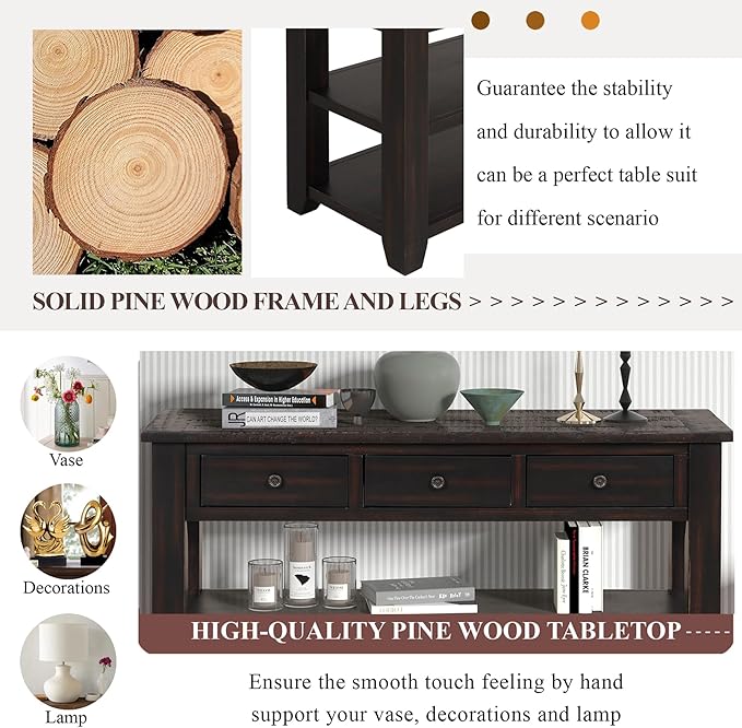 LKTART Solid Wood Console Table,Sofa Table with Storage Drawers and Bottom Shelf,Entryway Table for Entry Hallway Foyer,Easy Assembled (48.8" Distressed Black)