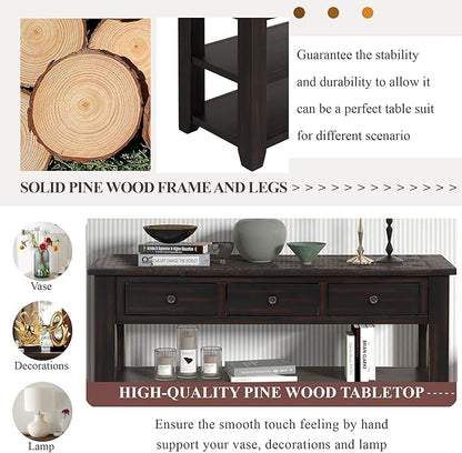 LKTART Solid Wood Console Table,Sofa Table with Storage Drawers and Bottom Shelf,Entryway Table for Entry Hallway Foyer,Easy Assembled (48.8" Distressed Black)