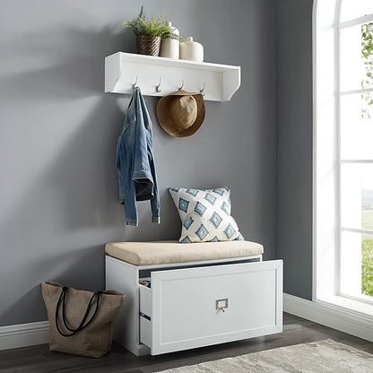 Crosley Furniture Harper 2-Piece Entryway Set with Shoe Rack Storage Bench and Wall Shelf with Coat Hooks, White