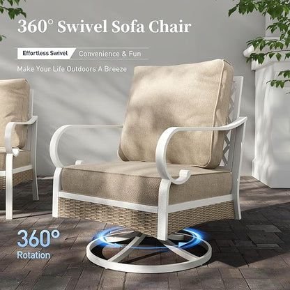 6 Piece Metal Outdoor Patio Furniture Set, Patio Conversations Set 3-Seater Sofa, 2-Seater Sofa, 2 Swivel Chair with 5.75" Thick Cushion & Coffee Table White Backyard Furniture, Beige