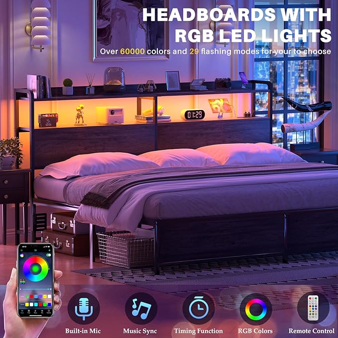 Aheaplus Headboard for King Size Bed Frame, Headboards with Outlets, USB Ports and LED Light, Head Board with Storage, Height Adjustable, Sturdy and Stable Headboard, King Size, Black Oak