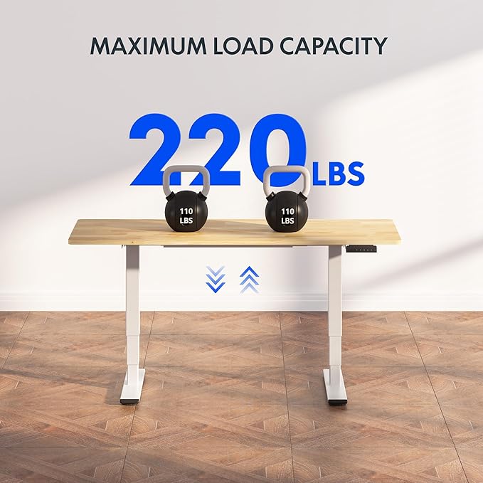 FlexiSpot E6 Solid Wood 3-Stage Dual Motor 63 x 24 Electric Standing Desk, Holds 220 lbs, Adjustable Height w/ Memory Presets, Butcher Block Rubberwood Desktop & White Frame, Ships in 2 Boxes