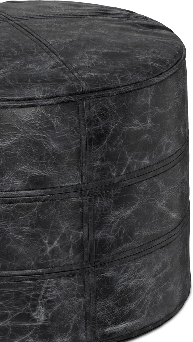 SIMPLIHOME Connor Boho Round Pouf in Distressed Black Genuine Leather for the Living Room, Bedroom and Kids Room